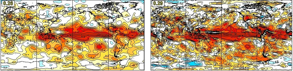 Geographical distribution of anomaly correlation skill for predictions of seasonal mean DJF precipitation at zero month lead