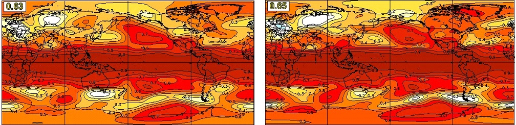 Geographical distribution of anomaly correlation skill for seasonal mean DJF 500hPa