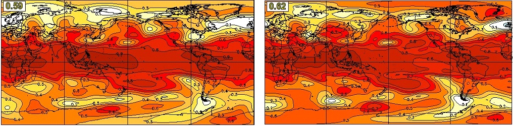 Geographical distribution of anomaly correlation skill for seasonal mean DJF 500hPa