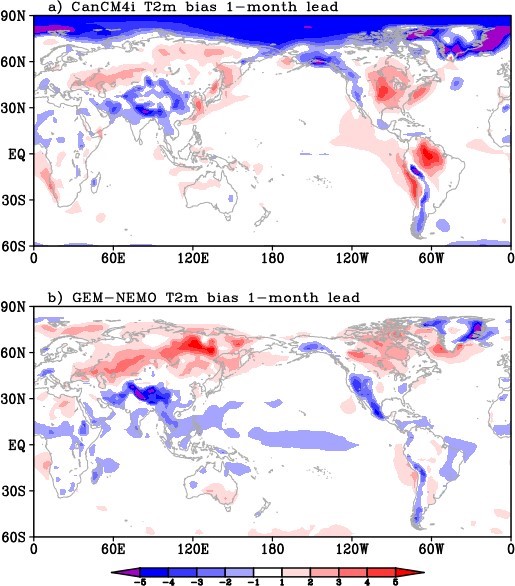 Seasonal mean T2m systematic error at one-month lead